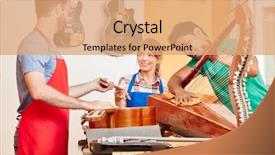  Presentation with craftsman - Slide set with craftsman's trainees make harp background and a coral colored foreground