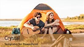  Presentation with guitar - PPT theme featuring guitar near bonfire while camping background and a gold colored foreground