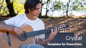  Presentation with man sitting bench - Slides having guitarist-plays-on-guitar-outdoors background and a  colored foreground