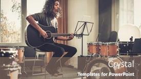  Presentation with music - PPT theme having guitarist-provide-music-lesson-online background and a coral colored foreground