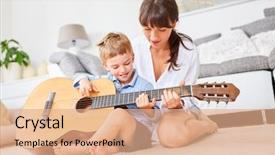  Presentation with support - Slides consisting of guitars - boy learns to play guitar background and a coral colored foreground