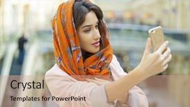  Presentation with selfie - Colorful PPT theme enhanced with gum arabic - young beautiful brunette girl taking backdrop and a coral colored foreground