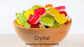  Presentation with shape - PPT theme featuring gummies - bowl of colorful gummy candies background and a coral colored foreground