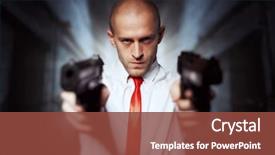  Presentation with bald - Cool new PPT layouts with gun - bald hired killer in red backdrop and a tawny brown colored foreground