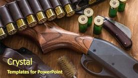  Presentation with hunting - Theme with gun - hunting equipment - pump action background and a tawny brown colored foreground