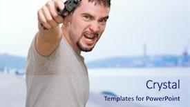  Presentation with port - PPT theme featuring furious man pointing with gun background and a sky blue colored foreground