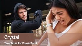  Presentation with gun - PPT theme enhanced with gun attacking scared young woman background and a coral colored foreground