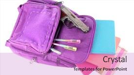  Presentation with school shootings - Beautiful PPT theme featuring gun in school backpack isolated backdrop and a lilac colored foreground