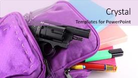  Presentation with gun - Presentation theme having gun in school backpack isolated background and a lilac colored foreground