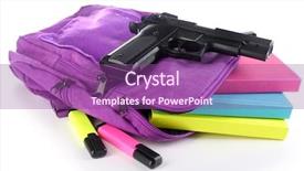  Presentation with school house liability risks - PPT layouts having gun in school backpack isolated background and a violet colored foreground