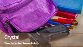  Presentation with school shooting - Colorful theme enhanced with gun on table closeup school backdrop and a violet colored foreground