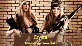  Presentation with military women - PPT layouts enhanced with gun peace - two sexy women in military background and a tawny brown colored foreground