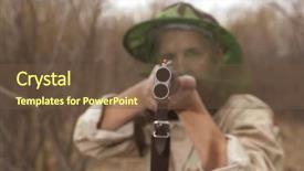  Presentation with hunting camouflage - Theme featuring gun shot - hunter in camouflage clothes ready background and a tawny brown colored foreground