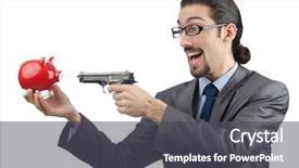  Presentation with gun - Amazing slide deck having gun stock - businessman killing the piggy bank backdrop and a dark gray colored foreground