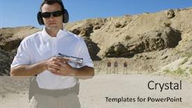  Presentation with training - Audience pleasing slide set consisting of gun traininig - caucasian man standing with handgun backdrop and a  colored foreground