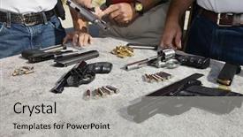  Presentation with together - Presentation theme with gun traininig - man reloading handgun with troops background and a light gray colored foreground