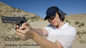  Presentation with helping others two hands woman - PPT theme featuring gun traininig - young woman aiming with handgun background and a coral colored foreground