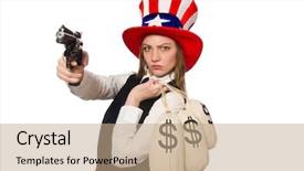  Presentation with hat - PPT layouts enhanced with gun usa money - woman wearing hat with american background and a coral colored foreground