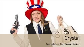  Presentation with hat - Colorful presentation design enhanced with gun usa money - woman wearing hat with american backdrop and a coral colored foreground