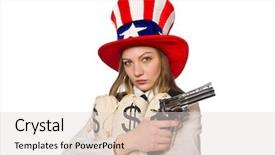  Presentation with hat - Cool new PPT theme with gun usa money - woman wearing hat with american backdrop and a lemonade colored foreground