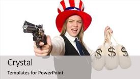  Presentation with arabian woman wearing hijab muslim - Presentation theme featuring gun usa money - woman wearing hat with american background and a light gray colored foreground