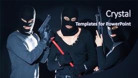  Presentation with black women arm - PPT layouts with gunfight - armed thieves in balaclavas background and a  colored foreground