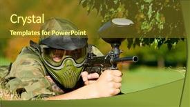  Presentation with shooting gun - Beautiful slide deck featuring gunfire - paintball player in protective uniform backdrop and a  colored foreground