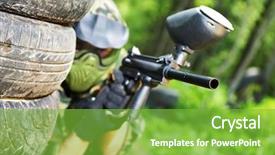  Presentation with shooting gun - PPT theme enhanced with gunfire - paintball sport player in protective background and a seafoam green colored foreground