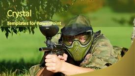  Presentation with shooting gun - Audience pleasing slides consisting of gunfire - paintball sport player in protective backdrop and a tawny brown colored foreground