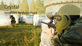  Presentation with shooting gun - Audience pleasing PPT theme consisting of gunfire - paintball sport player in protective backdrop and a yellow colored foreground