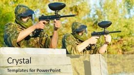  Presentation with two cute sisters playing - Cool new PPT theme with gunfire - two paintball sport players backdrop and a blonde colored foreground