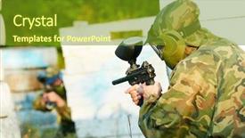  Presentation with two cute sisters playing - Cool new PPT theme with gunfire - two paintball sport players backdrop and a tawny brown colored foreground