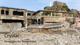  Presentation with battleship - Amazing PPT theme having gunkanjima battleship island in nagasaki backdrop and a coral colored foreground