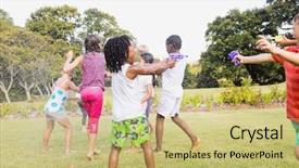  Presentation with pediatric kids cartoon - Presentation theme consisting of guns children - kids playing together background and a  colored foreground