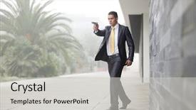  Presentation with security detectors - Cool new slides with guns suits - powerful security businessman aiming backdrop and a light gray colored foreground