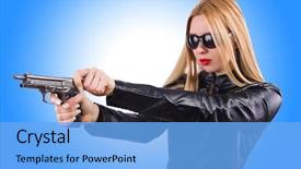  Presentation with woman hands raised to sky - PPT theme consisting of guns suits - woman in leather suit background and a  colored foreground