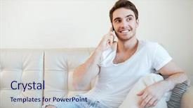  Presentation with talking on phone - Audience pleasing slides consisting of gut health - happy man talking at phone backdrop and a light blue colored foreground