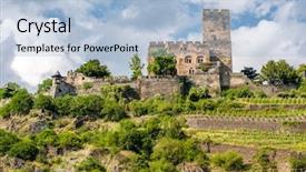  Presentation with german castle - PPT theme having gutenfels caub castle and vineyards background and a light blue colored foreground