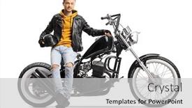  Presentation with motorbike - Amazing slide set having guy-biker-holding-a-helmet backdrop and a light gray colored foreground