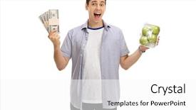  Presentation with money to buy the drugs - Slide set with guy holding bundles of money background and a white colored foreground