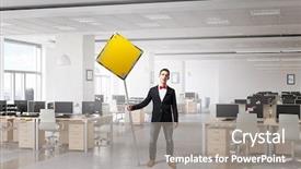  Presentation with media - PPT theme consisting of guy holding roadsign mixed media background and a  colored foreground