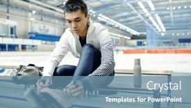  Presentation with sports arena - PPT theme featuring guy-in-activewear-sitting background and a  colored foreground