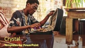  Presentation with living room - Slide deck with guy-in-eyeglasses-and-stylish background and a tawny brown colored foreground