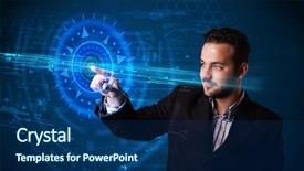  Presentation with high tech technology - PPT theme featuring pressing high technology control panel background and a navy blue colored foreground
