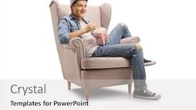  Presentation with popcorn - Audience pleasing slide deck consisting of guy-seated-in-an-armchair backdrop and a light gray colored foreground