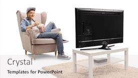  Presentation with television watching - Presentation design with guy-sitting-in-an-armchair background and a light gray colored foreground