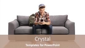  Presentation with phone - Colorful PPT theme enhanced with guy-sitting-on-a-sofa backdrop and a coral colored foreground