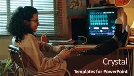  Presentation with video game - Presentation design featuring guy-sitting-on-chair background and a wine colored foreground