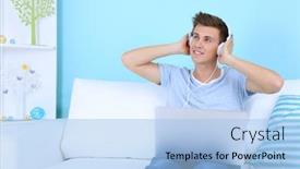  Presentation with blue music - Slide set having guy sitting on sofa and listening to music on blue background background and a light blue colored foreground