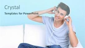  Presentation with blue music - Beautiful presentation design featuring guy sitting on sofa and listening to music on blue background backdrop and a cool aqua colored foreground